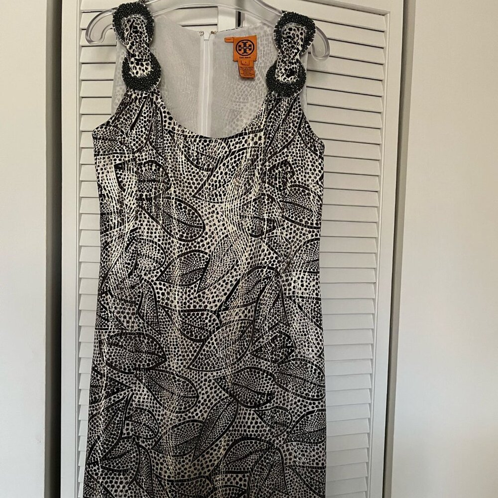 Tory Burch Metallic Black White Gold Silk Leaf Dress